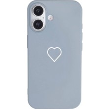 Casen iPhone 16 Plus Mavi Lansman Renkli Silikon Beyaz Kalp Desenli Kamera Korumalı Kılıf