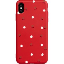 Casen iPhone Xs Kırmızı Lansman Renkli Silikon Kiraz ve Çiçek Desenli Kamera Korumalı Kılıf