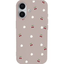 Casen iPhone 16 Plus Pudra Lansman Renkli Silikon Kiraz ve Çiçek Desenli Kamera Korumalı Kılıf