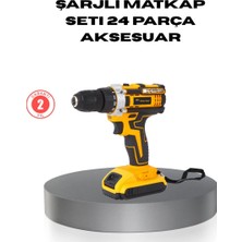 Herşey Trend Çift Bataryalı Darbeli Şarjlı Matkap Seti – Metal Dişli, 24 Parça Aksesuar ve LED Işıklı