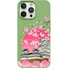 Casen iPhone 15 Pro Yeşil Lansman Sakura Renkli Silikon Kılıfı