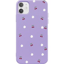 Casen iPhone 12 Lila Lansman Renkli Silikon Kiraz ve Çiçek Desenli Kamera Korumalı Kılıf