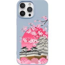 Casen iPhone 14 Pro Max Mavi Lansman Sakura Renkli Silikon Kılıfı