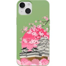 Casen iPhone 15 Yeşil Lansman Sakura Renkli Silikon Kılıfı