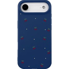 Casen iPhone 17 Air Lacivert Lansman Renkli Silikon Kiraz ve Çiçek Desenli Kamera Korumalı Kılıf