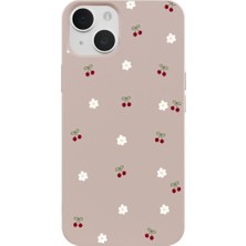 Casen iPhone 14 Pudra Lansman Renkli Silikon Kiraz ve Çiçek Desenli Kamera Korumalı Kılıf