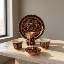 Erol Bakır El Yapımı %100 Bakır Çiçek Desenli Kahve Sunum Seti (Iki Kişilik)