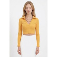 Bacc Hardal Polo Yaka Fitilli Yumuşak Dokulu Crop Bluz