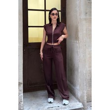 Bejna Kadın Çift Fermuarlı Crop Yelek Geniş Paça Pantolon Alt Üst Spor Takım