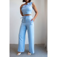 Bacc Mavi Aksesuar Detaylı Bluz ve Pantolon Dokuma Alt Üst Takım