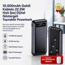 Hızlı Store 10.000mAh Dahili Kablolu Powerbank 22.5W Hızlı Şarj iPhone Android Uyumlu Dijital Göstergeli Taşınabilir Şarj Cihazı