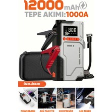 Enshall 12000MAH 4’ü 1 Arada Akü Takviye Cihazı Gulony 150 Psı Kompresör Lastik Şişirme Pompası LED Işıklı Powerbank Özellikli Acil Durum 1000A Akü Takviye Cihazı Araç Motor Lastik Şişirme Hava Kompresörü