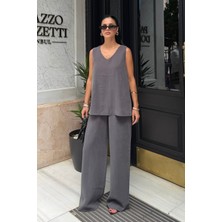 Bejna Kadın V Yaka Kolsuz Bluz Pantolon Modal Touch Dokuma Takım