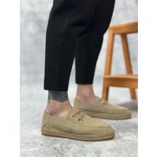 ET0358 Doğal Deri Tozu Bağcıklı Kauçuk El Yapımı Espadril Taban Bej Renk Erkek Ayakkabı
