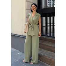 Bejna Kadın Kadın Kuşaklı Yelek Palazzo Keten Touch Takım