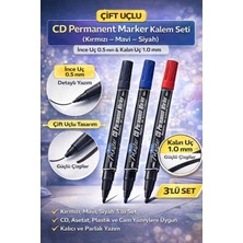 Lacco Çift Uçlu CD Permanent Marker 3'lü Set (Kırmızı – Mavi – Siyah) | Ince Uç 0.5 mm & Kalın Uç 1.0 mm