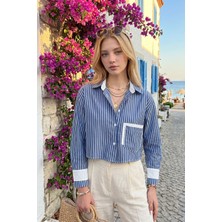 Bacc Lacivert Manşet ve Cepleri Garnili Çizgili Oversize Crop Dokuma Gömlek