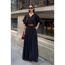 Bejna Kadın V Yaka Bluz Geniş Paça Pantolon Oversize Modal Dokulu Takım