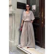 Bejna Kadın V Yaka Bluz Geniş Paça Pantolon Oversize Modal Dokulu Takım