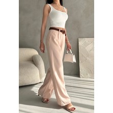 Bacc Toz Pembe Beli Kemerli Keten Pantolon