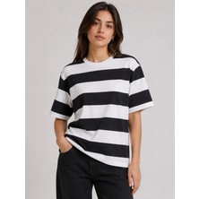 Aisha Elbise Çizgili Oversize Tişört Bisiklet Yaka Kısa Kol Yazlık T-Shirt - Siyah