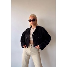 Bacc Siyah Çift Cepli Lazer Kesim Yıkamalı Crop Denim Ceket