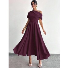 Aisha Elbise Kadın Omuzdan Açık Kısa Kollu Omuzdan Pileli Uzun Janjan Krep Elbise
