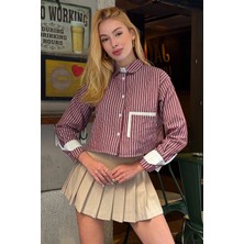 Bacc Bordo Manşet ve Cepleri Garnili Çizgili Oversize Crop Dokuma Gömlek