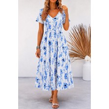 Aisha Elbise Kadın Kısa Kollu V Yakalı Desenli Uzun Süprem Elbise
