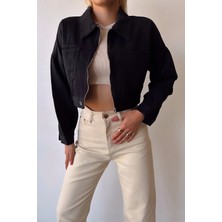 Bacc Siyah Çift Cepli Fermuarlı Yıkamalı Crop Denim Ceket