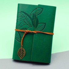 Aesco Yeşil Deri Kapaklı Yaprak Desenli Defter