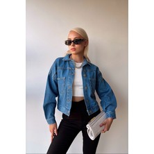 Bacc Mavi Çift Cepli Crop Yıkamalı Denim Ceket