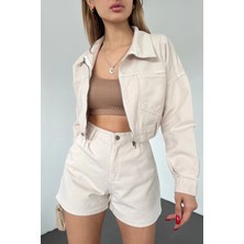 Bacc Bej Çift Cepli Fermuarlı Yıkamalı Crop Denim Ceket