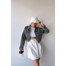 Bacc Antrasit Çift Cepli Fermuarlı Yıkamalı Crop Denim Ceket