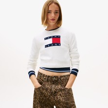 Tommy Hilfiger Tommy Jeans Sparkle Flag Kadın Beyaz Kazak