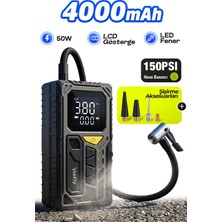 Auhma A7777 Taşınabilir Araç Lastik Hava Pompası 4000MAH 150 Psı Dijital Ekranlı Kompresör | Type-C Şarj | LED Fener | Powerbank Özellikli Akıllı Hava Basınç Pompası