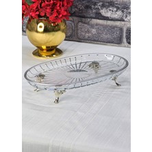 SEÇKİNEV Elegant Cam Oval, Döküm Metal 4 Ayaklı Sunum Tabağı Altın/gümüş/eskitme