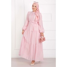 Md Kuşaklı Kat Kat Elbise Pembe
