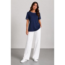 Bihan Store Kadın Bisiklet Yaka Desenli Şerit Detaylı Kısa Kollu Bluz - Y26-845 - Indigo
