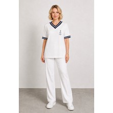 Bihan Store Kadın V Yaka Çapa Nakışlı Kısa Kollu Bluz Y26-884 - Beyaz