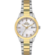 Slazenger Kadın Kol Saati Gümüş Altın Renk Paslanmaz Çelik Metal Kordon Beyaz Kadran 32MM Quartz Mekanizma Mineral Cam 5 Atm Su Geçirmez