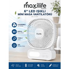 maxilife Breeze MG-5166F 6 Inç LED Işıklı Şarjlı Mini Masa Vantilatörü 3 Kademeli USB Type-C