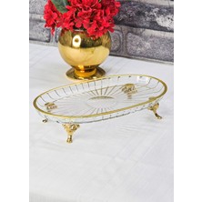 SEÇKİNEV Elegant Cam Oval, Döküm Metal 4 Ayaklı Sunum Tabağı Altın/gümüş/eskitme