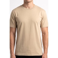 Hadiora Unisex Bej Bisiklet Yaka Oversize Tişört - Basic Bol Kesim Günlük T-Shirt