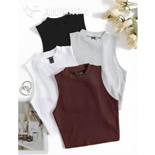 Öz Pamuk Kadın 4 Lü Adet Fitilli Pamuklu Örme Kaşkorse Crop Bluz Atlet