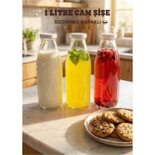 Qualitev 3 Adet 1 Litre Şeffaf Cam Sürahi Limonata, Süt, Ayran, Su ve Meşrubat Şişesi Plastik Kapaklı Şişe