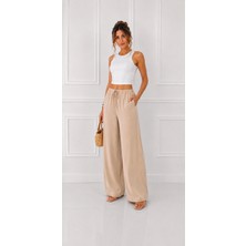 Moda Leyra Kadın Keten Bol Paça Beli Lastikli ve Ipli Rahat Kalıp Pantolon Nefes Alabilen Terletmez Kumaş
