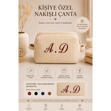 Beige & Stone Krem Kişiye Özel Harf Nakışlı Pamuklu Hediyelik Kadın Makyaj Kozmetik ve Seyahat Çantası