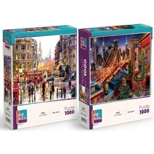 Farbu Oyuncak Londra Aslanı ve Işıklar Altında Ikili Set - 2 x 1000 Parça Manzara Ikili Puzzle Seti