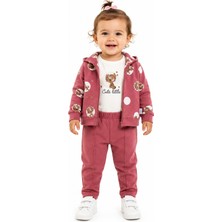 Chicsy Baby Kız Bebek Leopar Baskılı 3\'lü Takım Kapüşonlu Fermuarlı Hırka Body Pantolon Seti